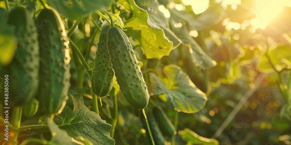 Canvas Prints Overgrown cucumbers in a lush garden Ripe cucumbers on the farm with selective focus