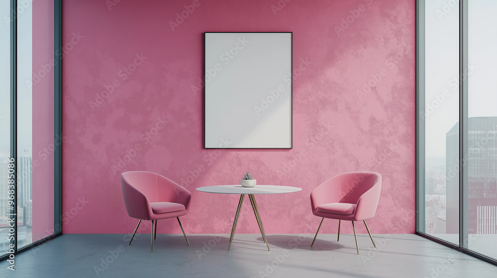 Poster pink waiting room with modern armchairs and empty frame