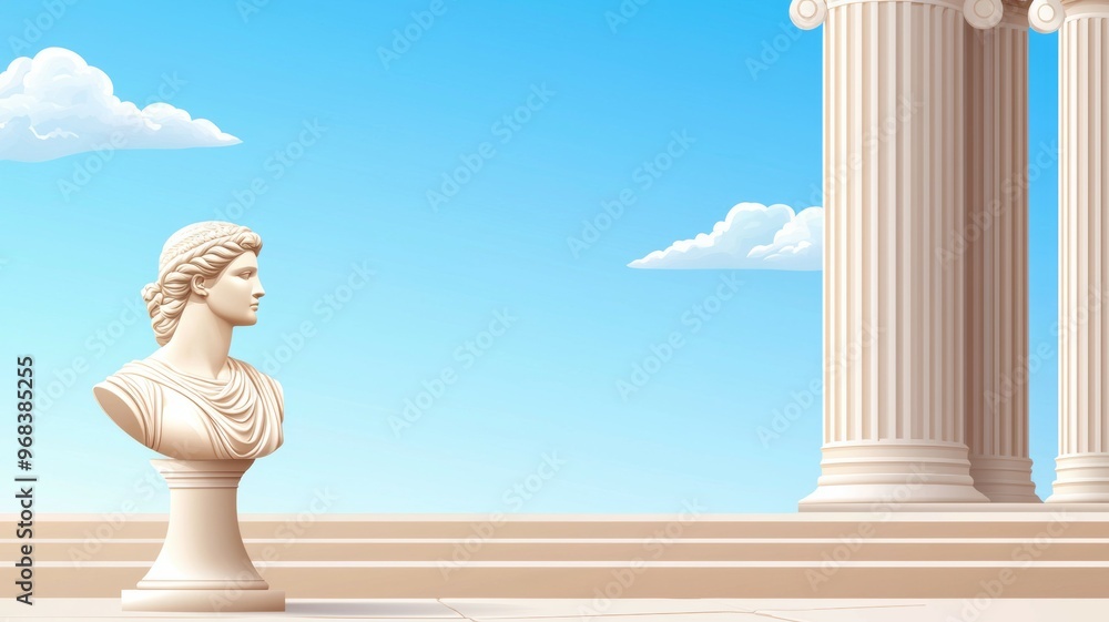 Poster a statue of a woman stands in front of a building with columns