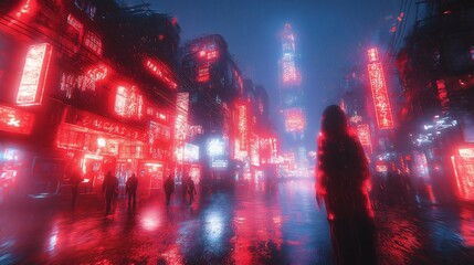 Cyberpunk City Street Neon Red Rain