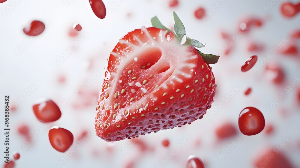 Poster 9. **a 3d render of a falling slice of strawberry, its red flesh and seeds set against a pristine wh