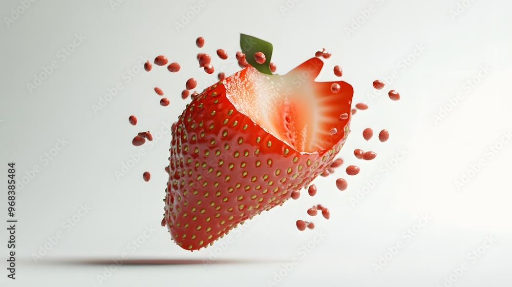 Poster 9. **a 3d render of a falling slice of strawberry, its red flesh and seeds set against a pristine wh