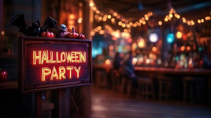 A sign that reads &ldquo;HALLOWEEN PARTY&rdquo; - blurred background - bar - Halloween decorations - night - lights - pub 