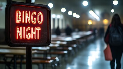 A sign that reads “BINGO NIGHT’ - blurred background of cafeteria where people are playing bingo - game night 
