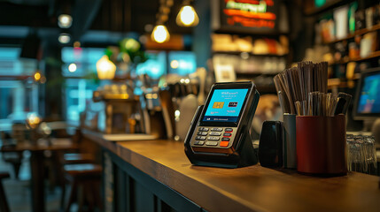 Credit card machine waiting on countertop in restaurant