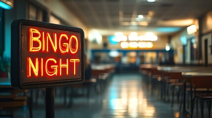 A sign that reads “BINGO NIGHT’ - blurred background of cafeteria where people are playing bingo - game night 
