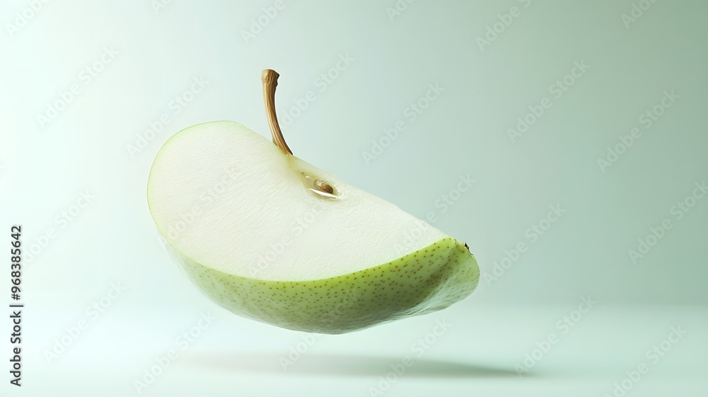 Poster 11. **a 3d render of a falling slice of pear, its smooth texture and light green skin contrasted wit