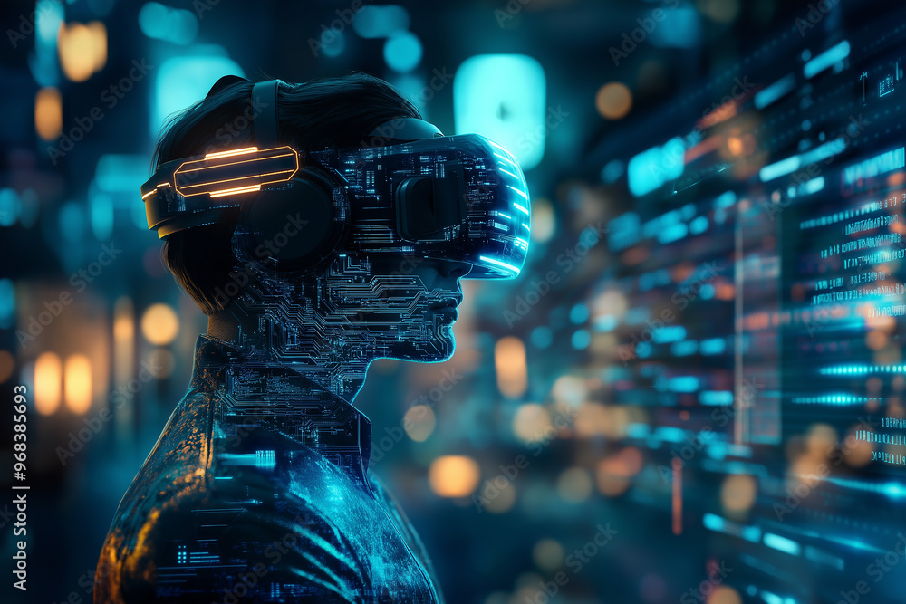 Poster Software developer using virtual reality glasses programming futuristic interface