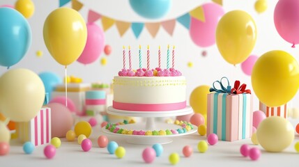 A festive birthday scene with a decorated cake, balloons, and colorful gifts.