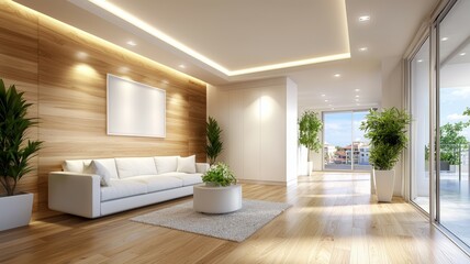 Fototapeta premium A large, open living room with a white couch, a coffee table