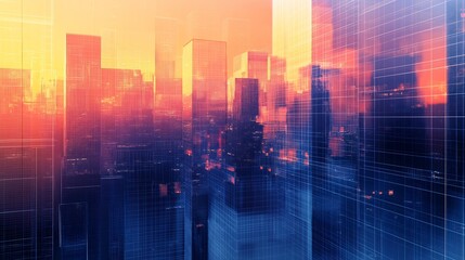 Obraz premium Abstract Cityscape Sunset Grid Background