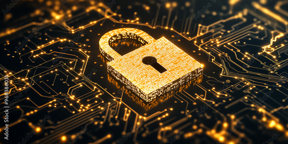 Poster golden padlock standing on electronic circuit board is representing cybersecurity