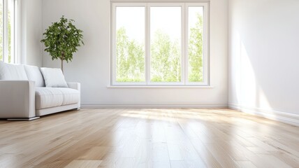 A large open living room with a white couch and a potted plant