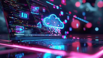Obraz premium A futuristic laptop displaying cloud computing and digital elements in vibrant colors.