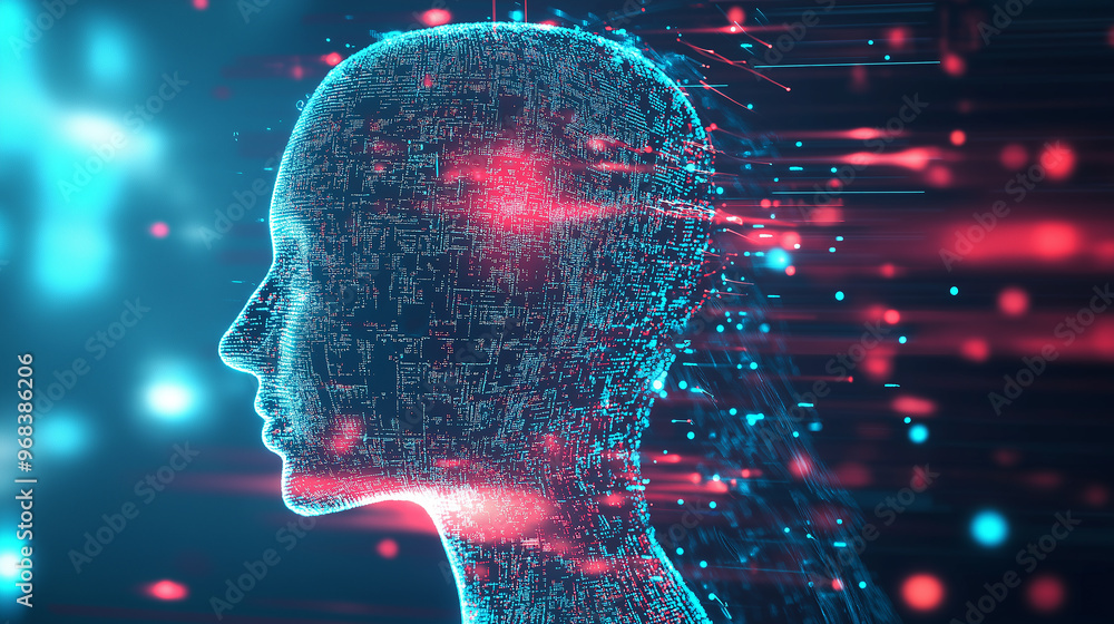 Poster Artificial intelligence face surrounded by data flowing on dark background