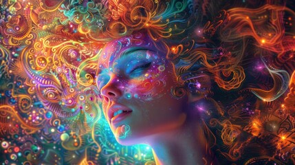A surreal depiction of a woman's face surrounded by vibrant, swirling colors and patterns.