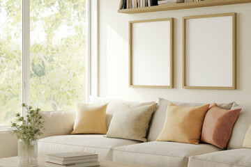 Naklejka premium Modern minimalist living room with empty frames providing copy space