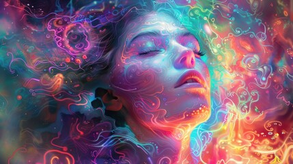 A vibrant, ethereal portrait of a woman surrounded by colorful, swirling cosmic patterns.