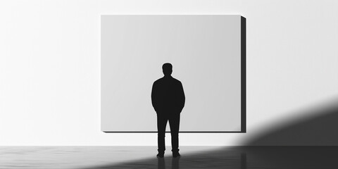 Obraz premium Businessman standing looking at large blank canvas in gallery