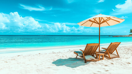 Obraz premium Two sunbeds and umbrella on tropical beach with white sand and turquoise water