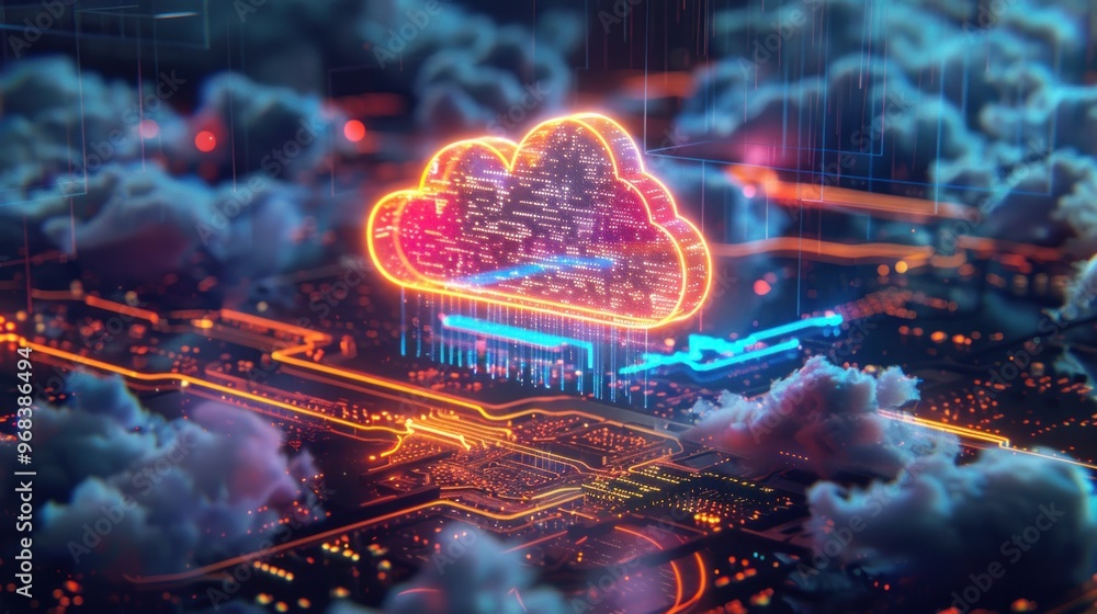 Poster a vibrant digital cloud symbol above a circuit board, representing cloud computing technology.