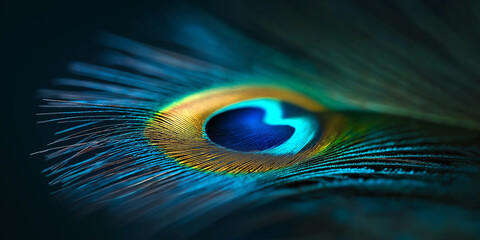 Fototapeta premium Close up of peacock feather showing iridescent blue and green colors