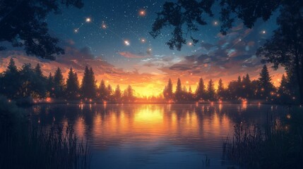 Naklejka premium Magical Forest Lake at Sunset