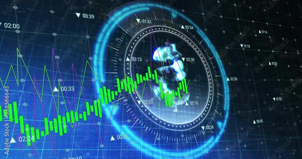 Poster animation of data processing and diagrams over scope scanning with dollar symbol