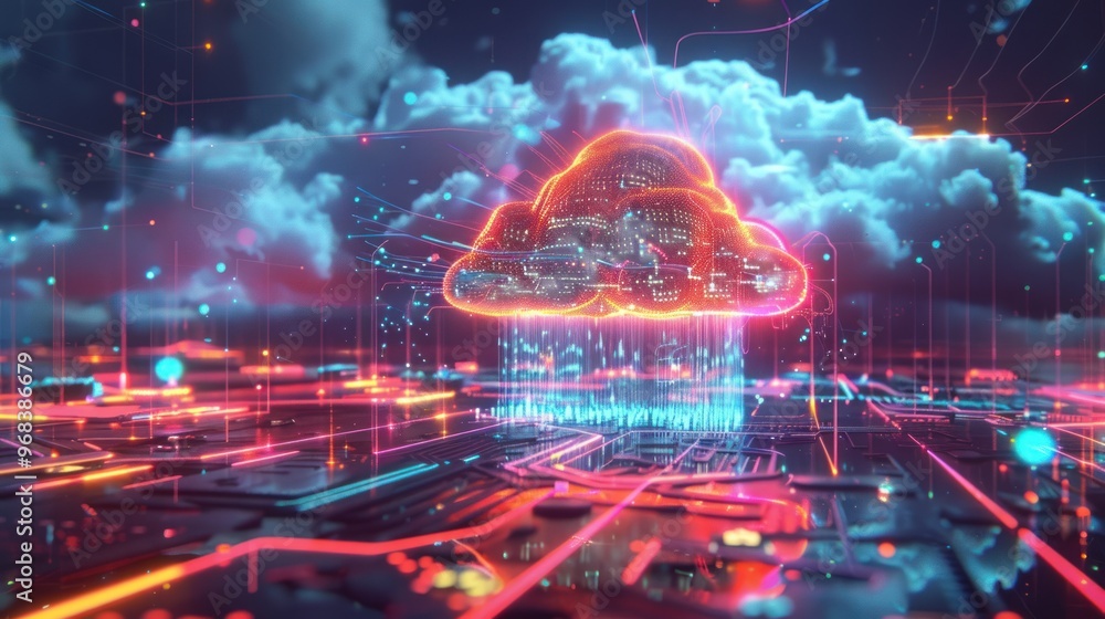 Poster a vibrant digital cloud representing data storage and connectivity over a circuit-like landscape.