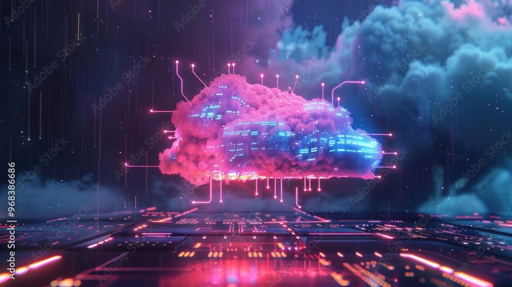 Poster a vibrant digital cloud with circuitry, symbolizing technology and data processing.