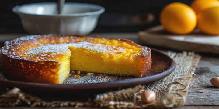 Traditional Portuguese cake toucinho do ceu known as bacon from heaven Egg yolks and almond meal delicacy from the Alentejo region of Portugal