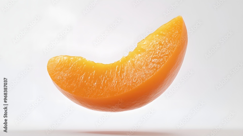 Poster 19. **a 3d render of a falling slice of apricot, its orange flesh and smooth texture visible against