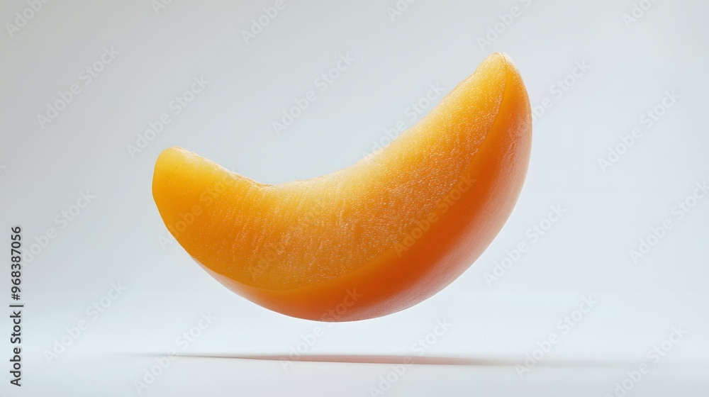Poster 19. **a 3d render of a falling slice of apricot, its orange flesh and smooth texture visible against