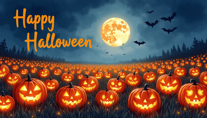 A field of jack-o'-lanterns glowing brightly under a full moon, with the message 'Happy Halloween' written in playful script that contrasts with the eerie landscape