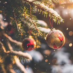Festive Ornaments on Snowy Pine Tree with Sunlight and Snowflakes