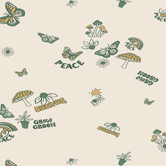 Spring seamless pattern with groovy butterflies and flowers. Vector illustration.