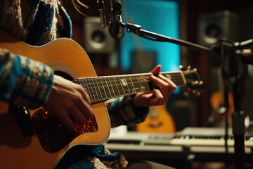 Naklejka premium A Caucasian person playing on an acoustic guitar in a recording studio with a blurred studio in the background.