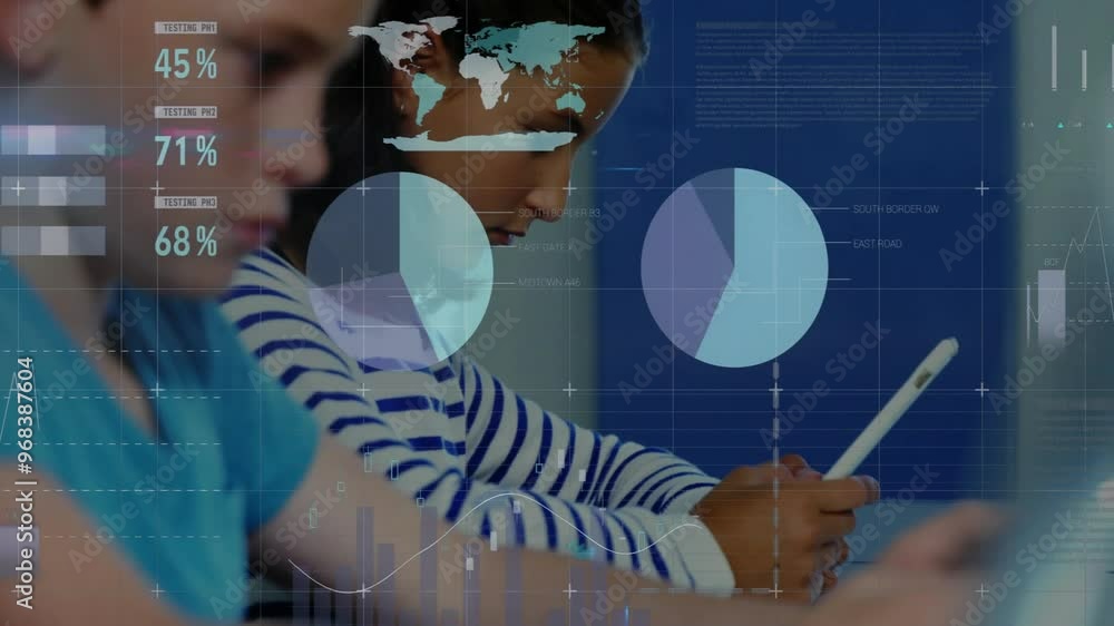 Poster animation of data processing and diagrams over caucasian students using tablets in classroom