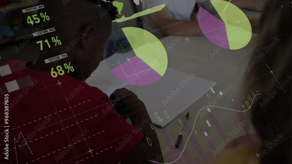 Poster animation of data processing and diagrams over diverse students taking notes