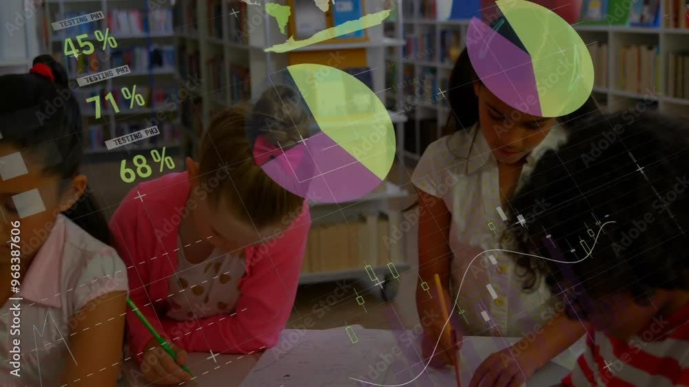 Poster animation of data processing and diagrams over diverse students writing in library