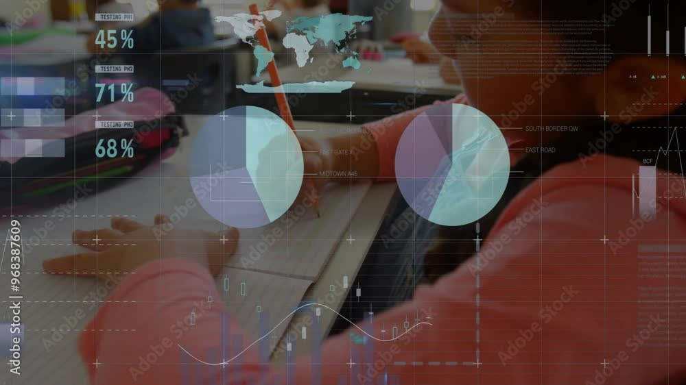 Poster animation of data processing and diagrams over diverse students taking notes in classroom