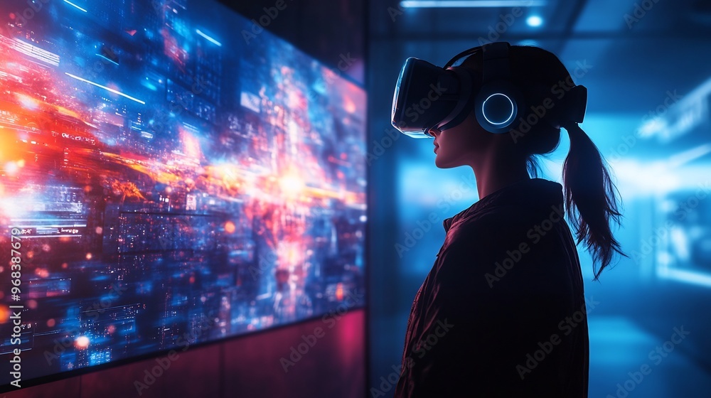 Poster a woman wearing a vr headset stands in front of a futuristic screen displaying data and code, bathed