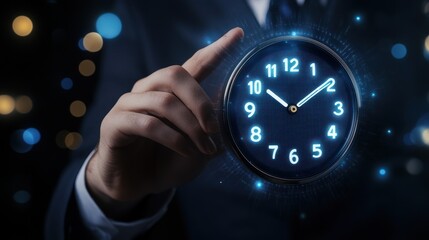 A hand holds a glowing clock, symbolizing time management and urgency in a business context.