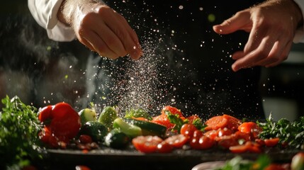 A chef sprinkles seasoning over fresh vegetables in a culinary setting.