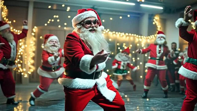 Santa Claus dancing in a festive holiday party with dancers in colorful outfits