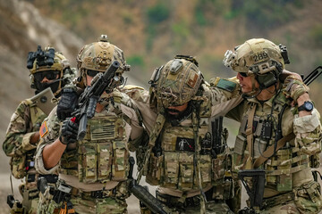 A group of military men in combat gear patrol in the middle of a desert and tropical jungle....