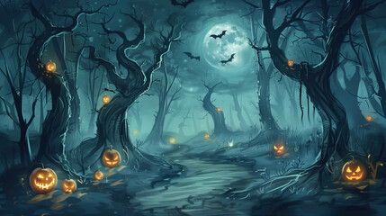 illustration of a spooky forest with twisted trees, hanging lanterns, and a looming silhouette of a mysterious figure.