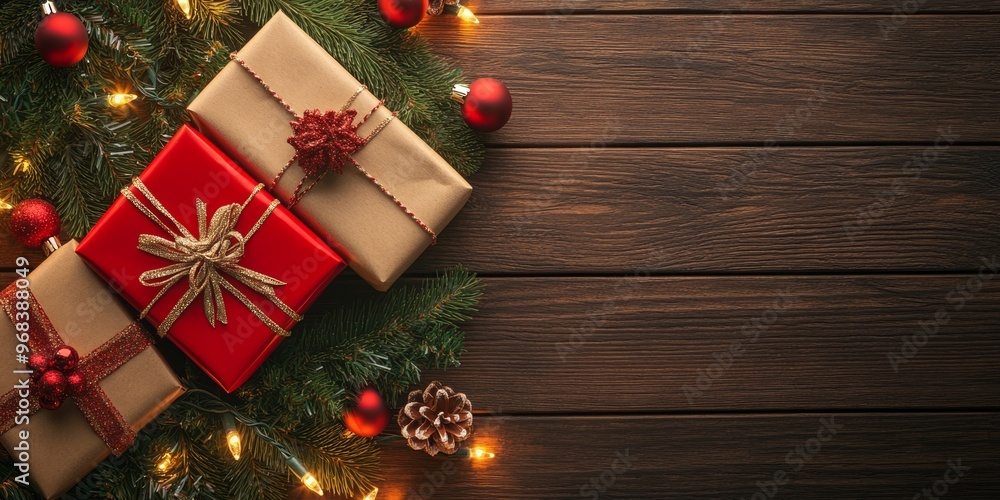 Wall mural merry christmas and happy new year bright colorful composition. xmas background with festive decorat