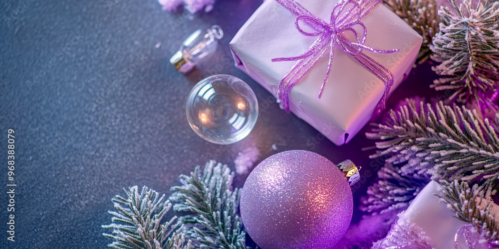 Wall mural merry christmas and happy new year bright colorful composition. xmas background with festive decorat
