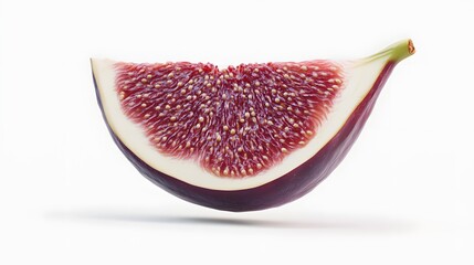 24. **A 3D render of a falling slice of fig, its deep purple skin and rich, seeded interior detailed against a clean white background